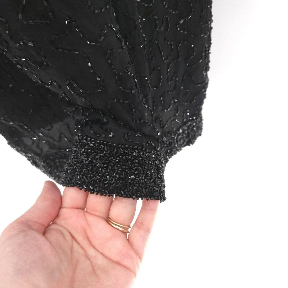 Laurence Kazar Beaded Silk Maxi Dress Women PM Black‎ Vintage Evening Gown